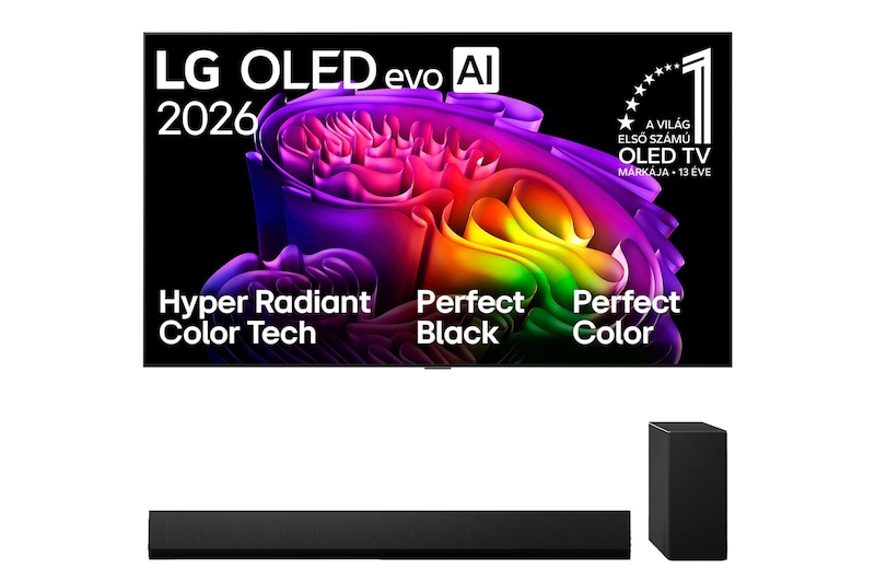 Front view of 55 colos LG OLED evo AI G6 4K Smart TV 2026 + LG Soundbar TV-hez Dolby Atmos 3.1 csatornás hangprojektor OLED55G61LW.SG10001