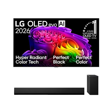 Front view of 55 colos LG OLED evo AI G6 4K Smart TV 2026 + LG Soundbar TV-hez Dolby Atmos 3.1 csatornás hangprojektor OLED55G61LW.SG10001