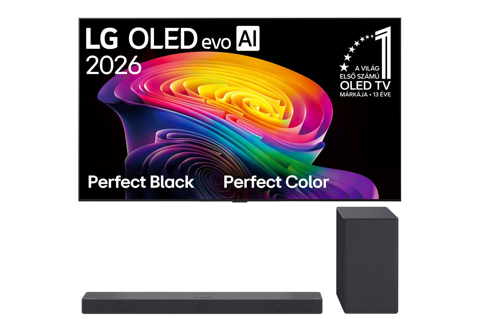 Front view of 65 colos LG OLED evo AI C6 4K Smart TV 2026 + 3.1.3 Dolby Atmos soundbar OLED65C6ELB.SC9S001