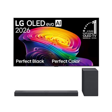 Front view of 65 colos LG OLED evo AI C6 4K Smart TV 2026 + 3.1.3 Dolby Atmos soundbar OLED65C6ELB.SC9S001