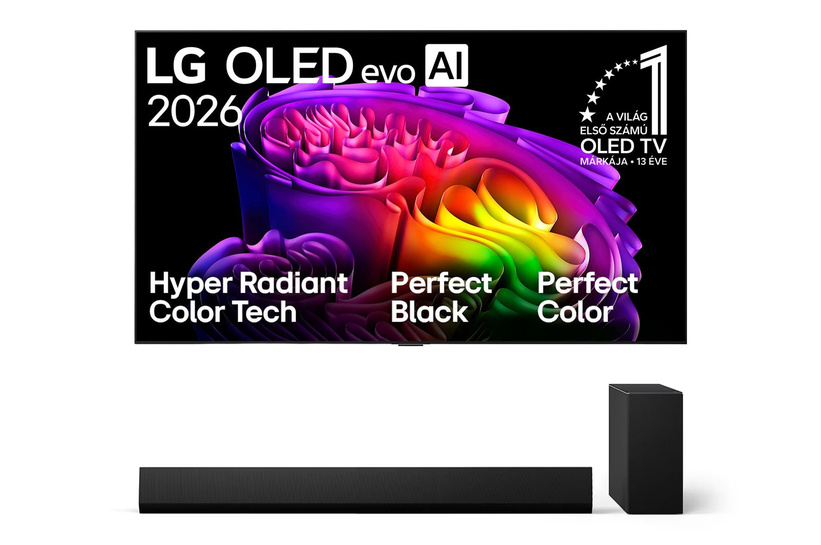 Front view of 65 colos LG OLED evo AI G6 4K Smart TV 2026 + Dolby Atmos 3.1 csatornás hangprojektor OLED65G61LW.SG10001