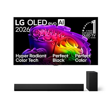 Front view of 65 colos LG OLED evo AI G6 4K Smart TV 2026 + Dolby Atmos 3.1 csatornás hangprojektor OLED65G61LW.SG10001