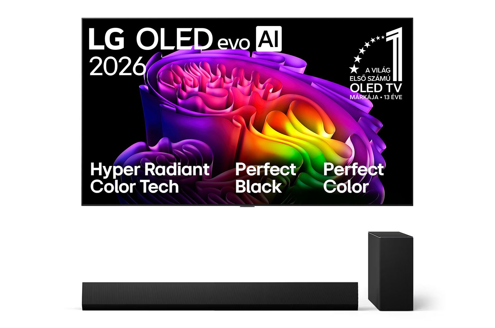 Front view of 77 colos LG OLED evo AI G6 4K Smart TV 2026 + LG Soundbar TV-hez Dolby Atmos 3.1 csatornás hangprojektor OLED77G61LW.SG10001