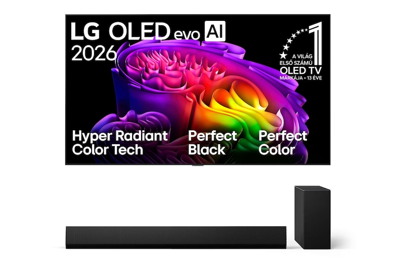 Front view of 77 colos LG OLED evo AI G6 4K Smart TV 2026 + LG Soundbar TV-hez Dolby Atmos 3.1 csatornás hangprojektor OLED77G61LW.SG10001