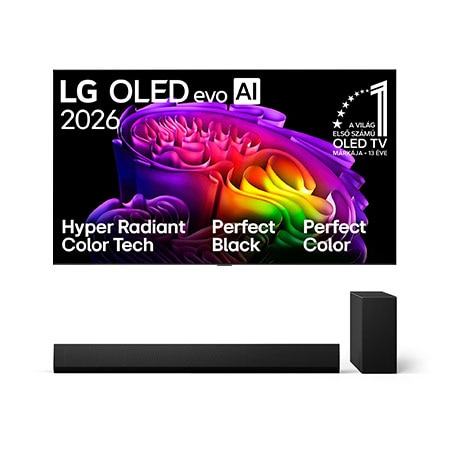 Front view of 77 colos LG OLED evo AI G6 4K Smart TV 2026 + LG Soundbar TV-hez Dolby Atmos 3.1 csatornás hangprojektor OLED77G61LW.SG10001
