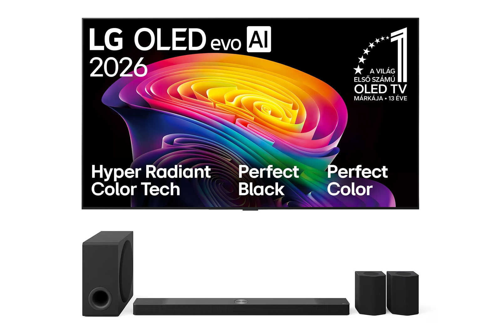 Front view of 83 colos LG OLED evo AI C6 4K Smart TV 2026 + LG Home Theater Soundbar Térhatású hátsó hangszórókkal 9.1.5 csatornával OLED83C61LA.S95T001