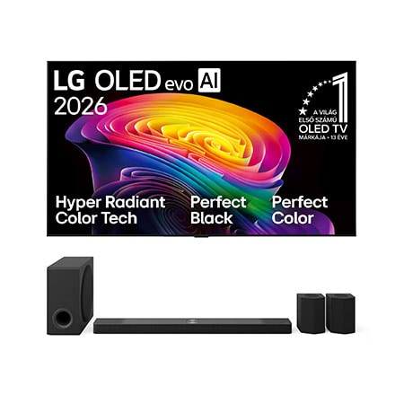 Front view of 83 colos LG OLED evo AI C6 4K Smart TV 2026 + LG Home Theater Soundbar Térhatású hátsó hangszórókkal 9.1.5 csatornával OLED83C61LA.S95T001