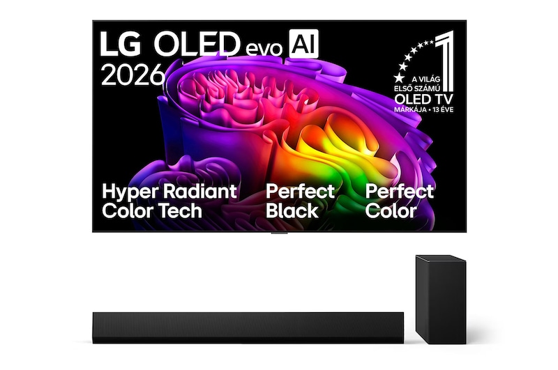 Front view of 83 colos LG OLED evo AI G6 4K Smart TV 2026 + LG Soundbar TV-hez Dolby Atmos 3.1 csatornás hangprojektor OLED83G61LW.SG10001