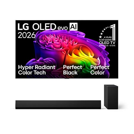 Front view of 83 colos LG OLED evo AI G6 4K Smart TV 2026 + LG Soundbar TV-hez Dolby Atmos 3.1 csatornás hangprojektor OLED83G61LW.SG10001