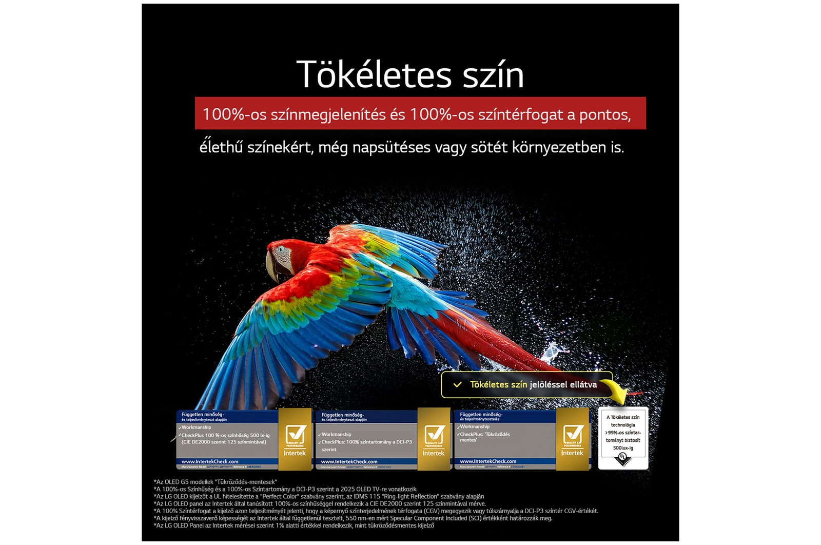 Nappali, falra szerelt LG OLED TV készülékkel. A TV-n egy hegyláncolat látható a csillagokkal teli, sötét, esti égbolt előtt. A jelenet ketté van osztva. Az egyik oldal egy fakóbb, szürkébb változatát mutatja a tájnak, Nem Tökéletes Fekete megjelenítés felirattal. A másik oldalon egy sokkal tetszetősebb kép látható, nagyobb fekete-fehér dinamika tartománnyal. Ennek a felirata: Tökéletes Fekete megjelenítés. A tanúsítvány logó is látható; A Perfect Black Technology fekete megjelenítése kisebb vagy egyenlő, mint 0,24 nit, 500 lux értékig. 