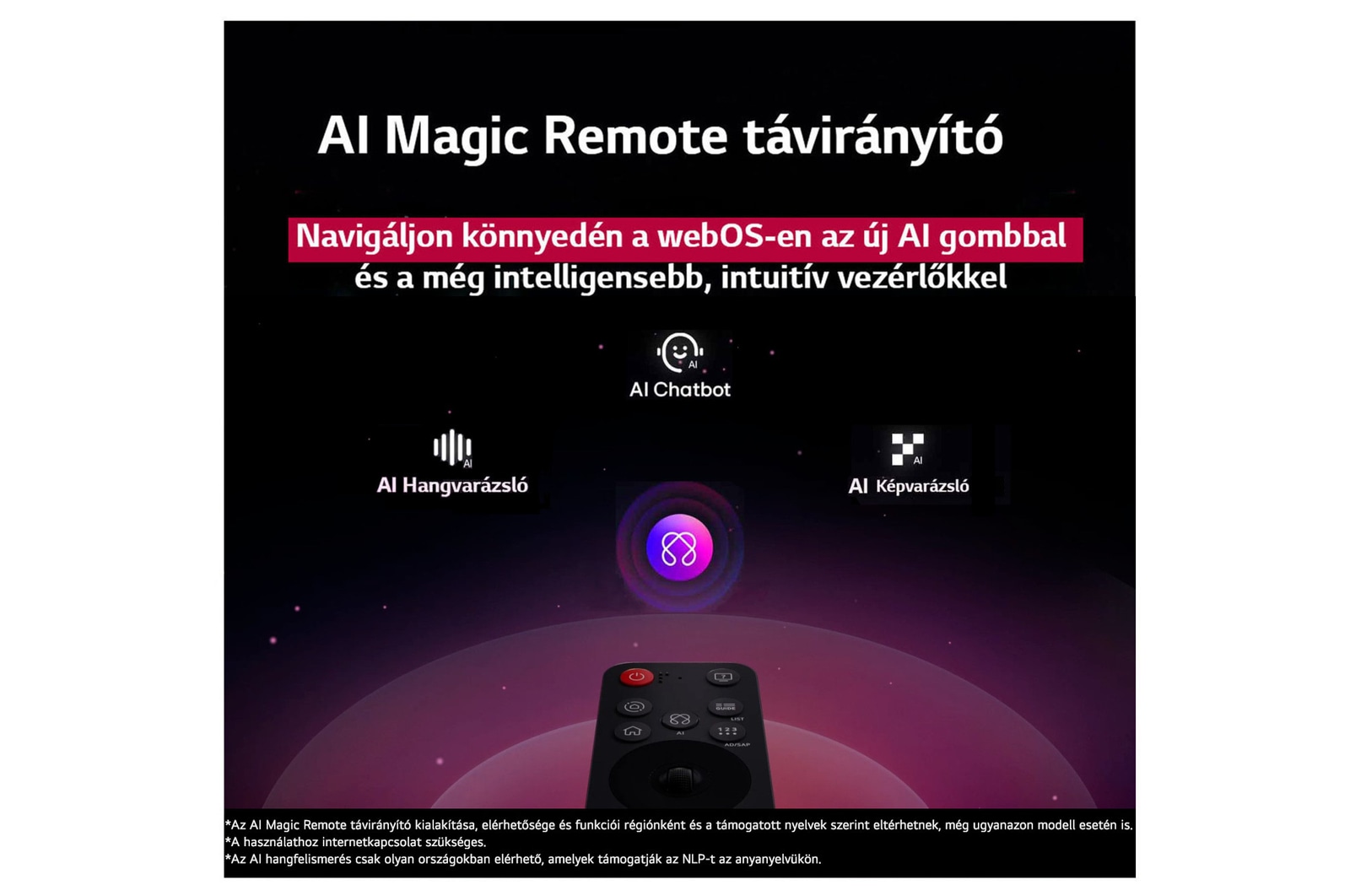 LG TV képernyője, előtérben egy AI Magic Remote távirányítóval. Az AI gomb ki van emelve, és egy szövegbuborék a „Javasolj egy filmet, amit szeretek” szöveget mutatja. A képernyőn a felhasználó E ikonját látjuk, ami azt jelzi, hogy az AI Voice ID képes volt azonosítani, hogy melyik felhasználóról van szó, és személyre szabott ajánlásokat adni pusztán a hangja alapján. 