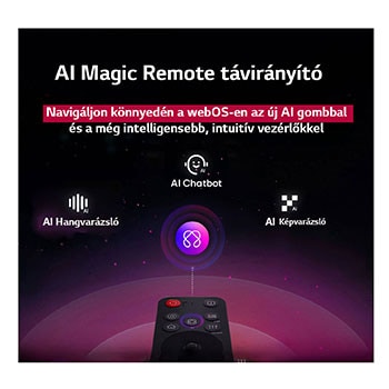 LG TV képernyője, előtérben egy AI Magic Remote távirányítóval. Az AI gomb ki van emelve, és egy szövegbuborék a „Javasolj egy filmet, amit szeretek” szöveget mutatja. A képernyőn a felhasználó E ikonját látjuk, ami azt jelzi, hogy az AI Voice ID képes volt azonosítani, hogy melyik felhasználóról van szó, és személyre szabott ajánlásokat adni pusztán a hangja alapján. 