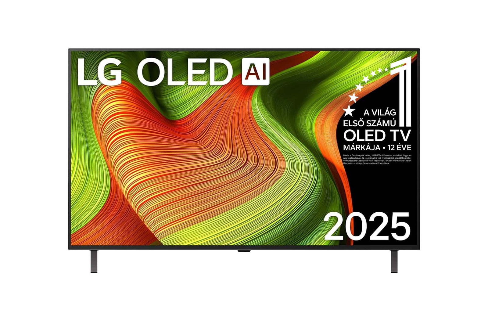 LG OLED AI B5 4K Smart TV elülső nézete. 12 éve világelső OLED embléma és LG OLED AI 2025 logo látható a képernyőn.