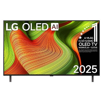 LG OLED AI B5 4K Smart TV elülső nézete. 12 éve világelső OLED embléma és LG OLED AI 2025 logo látható a képernyőn.