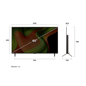 LG OLED AI B5 4K Smart TV elülső és oldalsó nézete mutatva annak méreteit hosszúságban, szélességben, magasságban és mélységben.