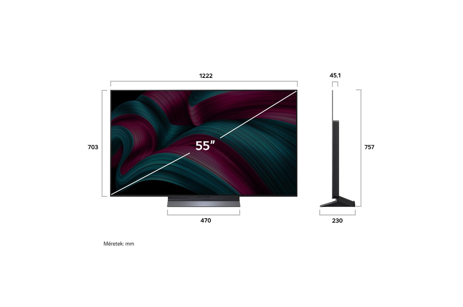 OLED55C5ELB méretei mm-ben