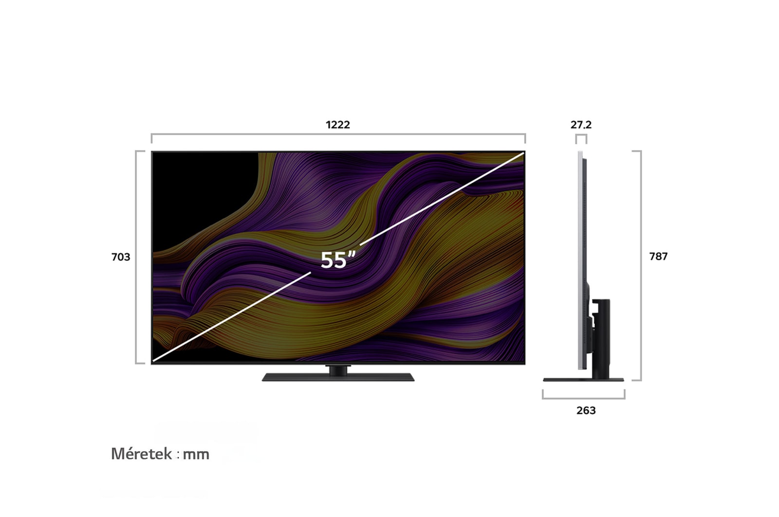 LG OLED evo AI G5 4K Smart TV elülső és oldalsó nézete mutatva annak méreteit hosszúságban, szélességben, magasságban és mélységben.