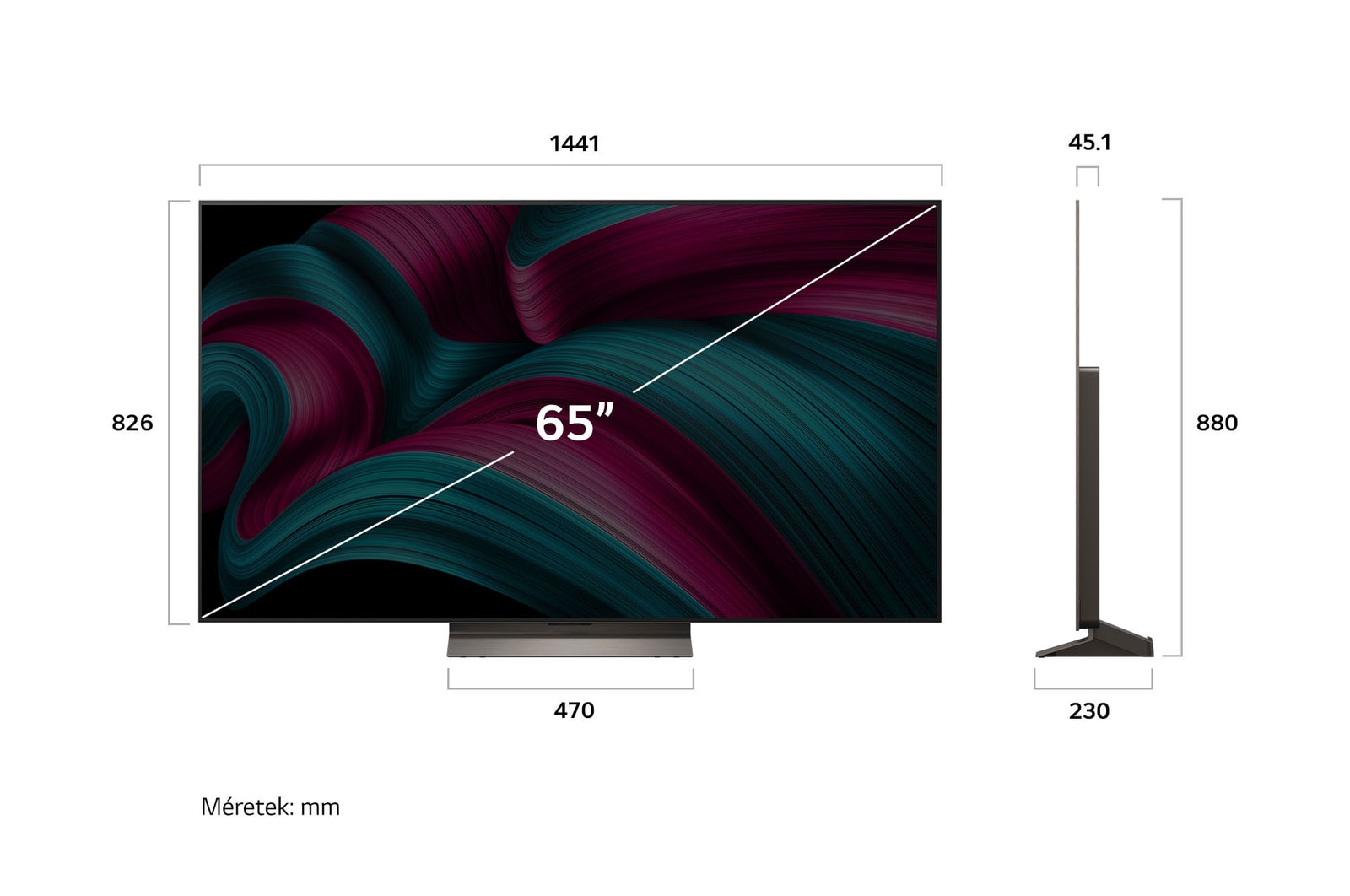 OLED65C5ELB méretei mm-ben