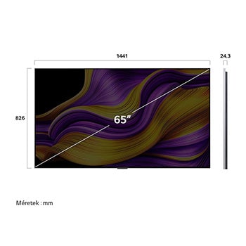 OLED65G51LW méretei mm-ben, képátló colban megadva.