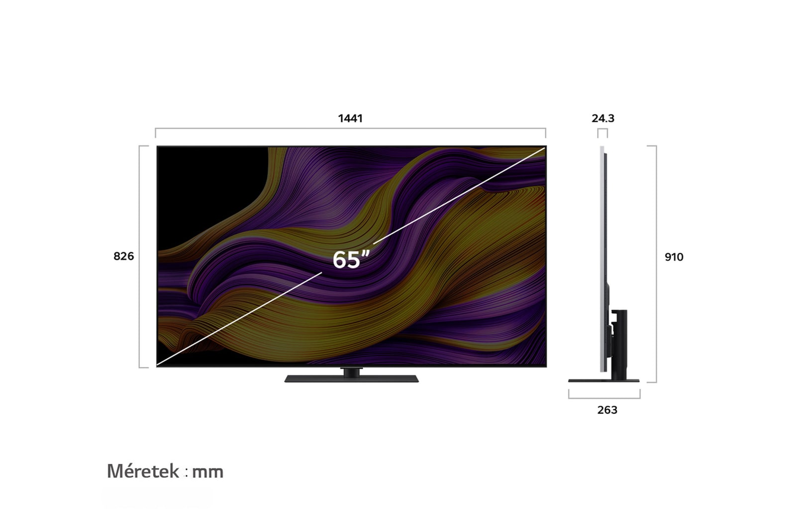 LG OLED evo AI G5 4K Smart TV elülső és oldalsó nézete mutatva annak méreteit hosszúságban, szélességben, magasságban és mélységben.