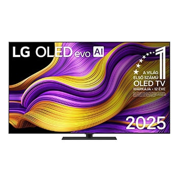 LG OLED evo AI G5 4K Smart TV elölnézete. „12 éve világelső OLED” embléma és LG OLED evo AI 2025 logo látható a képernyőn.