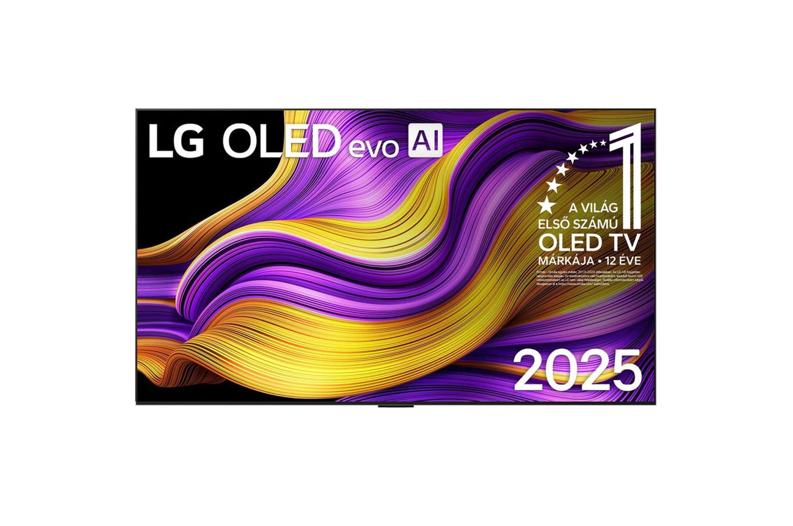OLED77G51LW TV elölnézete. „12 éve világelső OLED” embléma és LG OLED evo AI 2025 logó látható.