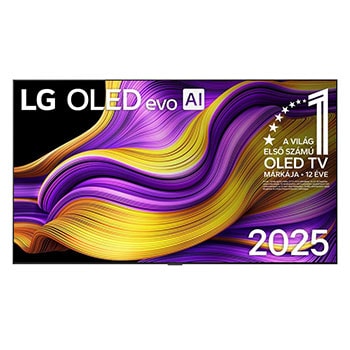 OLED77G51LW TV elölnézete. „12 éve világelső OLED” embléma és LG OLED evo AI 2025 logó látható.