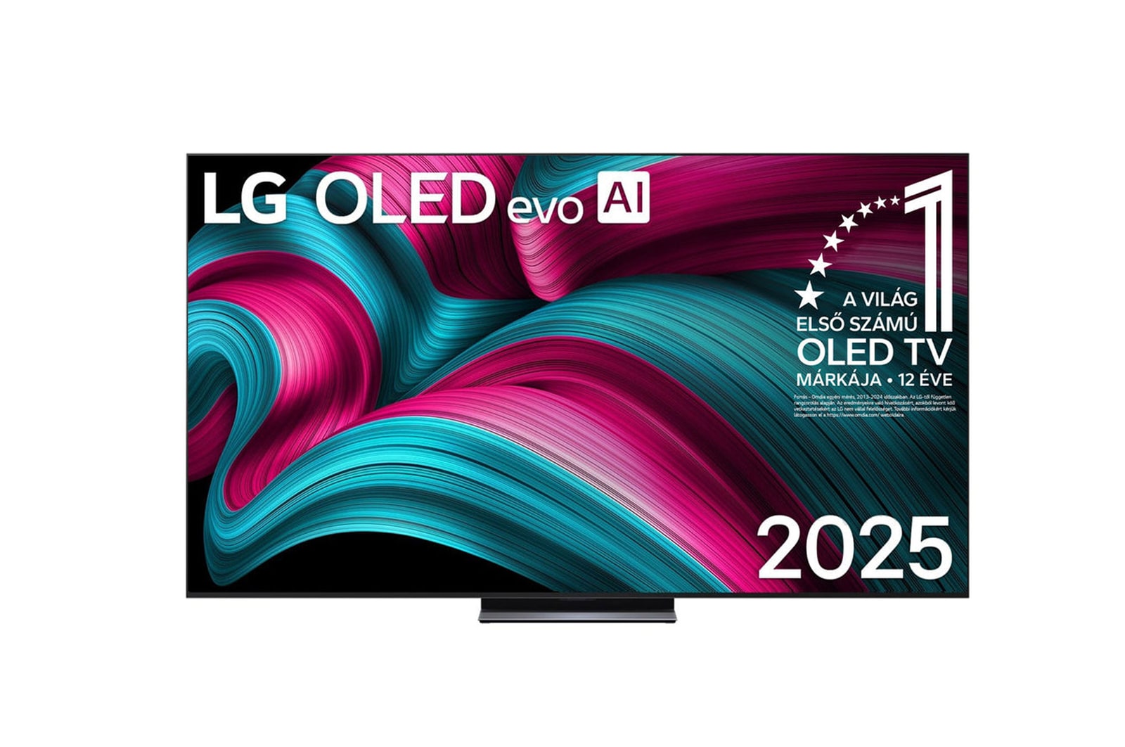 Front view of LG OLED evo AI C5 4K Smart TV. 12 Years of world number 1 OLED emblem and LG OLED evo AI 2025 logo are on the screen.