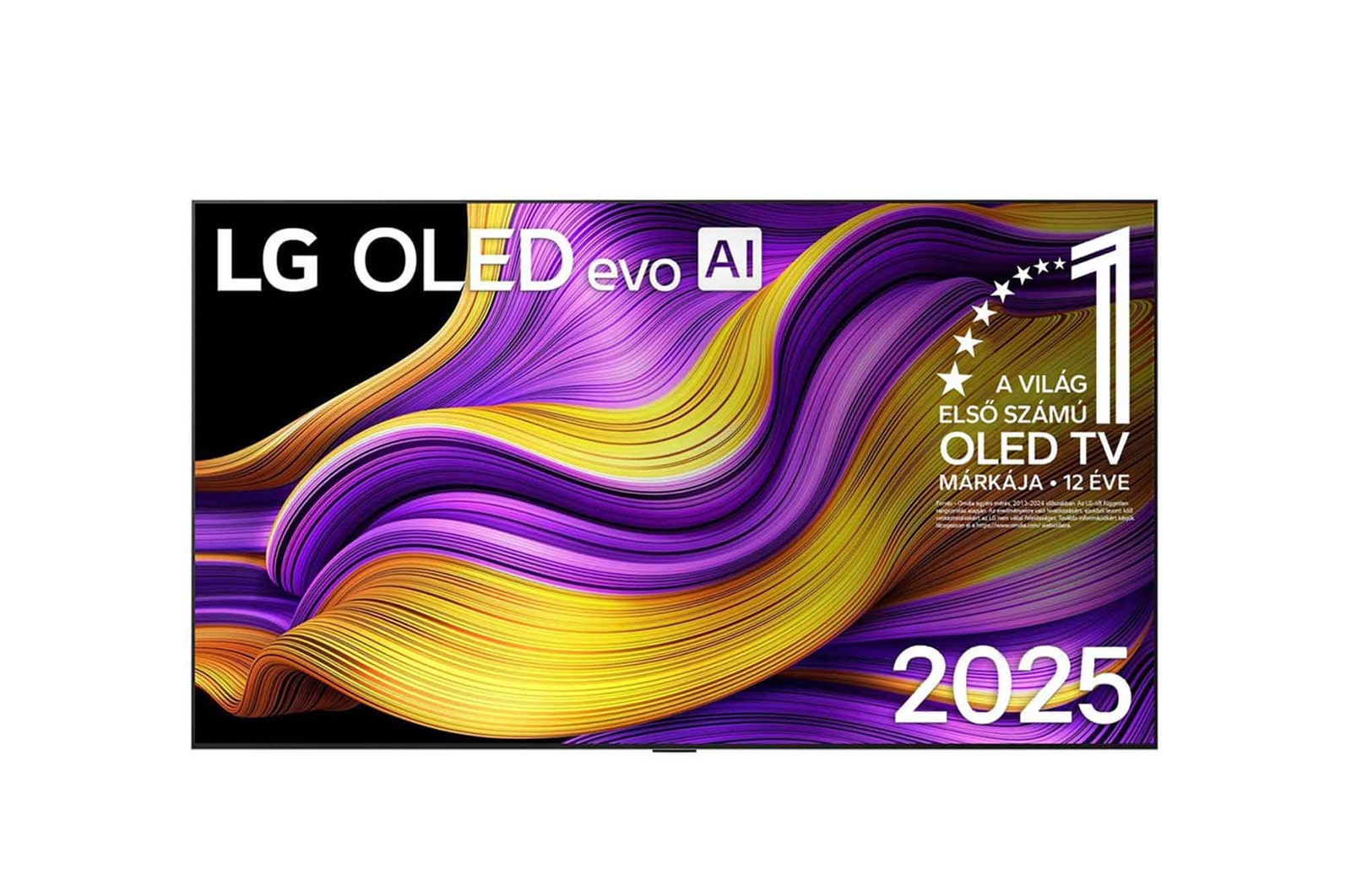 OLED97G51LW 4K Smart TV elölnézeti képe. „12 éve világelső OLED” emblémával és LG OLED evo AI 2025 logóval.