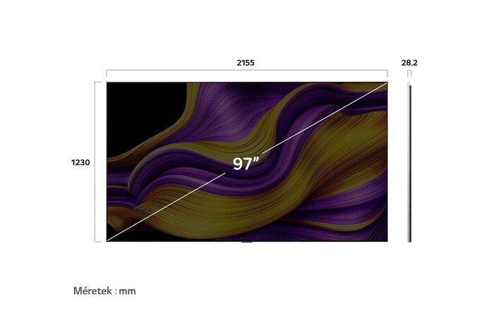 OLED97G51LW méretei mm-ben, képátló colban megadva.
