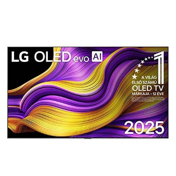OLED97G51LW 4K Smart TV elölnézeti képe. „12 éve világelső OLED” emblémával és LG OLED evo AI 2025 logóval.