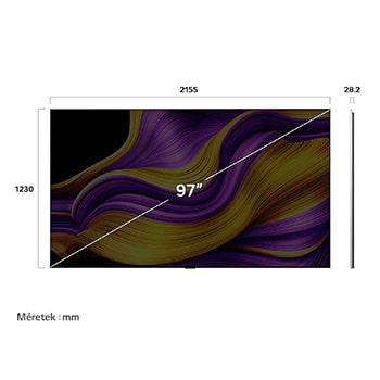 OLED97G51LW méretei mm-ben, képátló colban megadva.