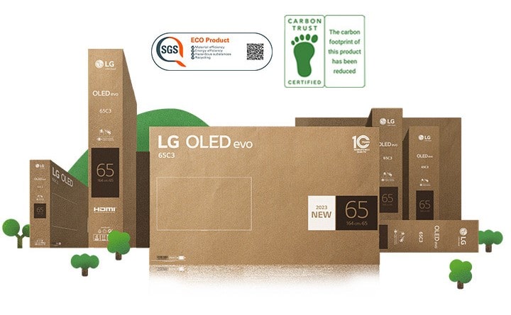 Az LG OLED környezetbarát kartoncsomagolása látható viruló fák és hegyek körül.