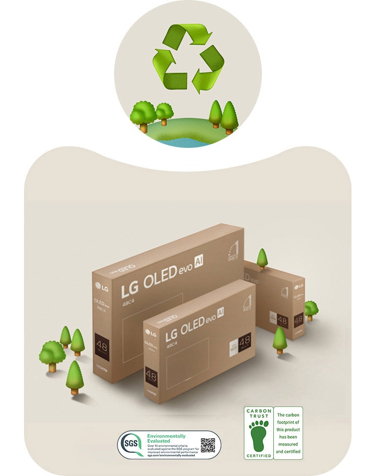 LG OLED csomagolás bézs színű háttér előtt, illusztrált fákkal.