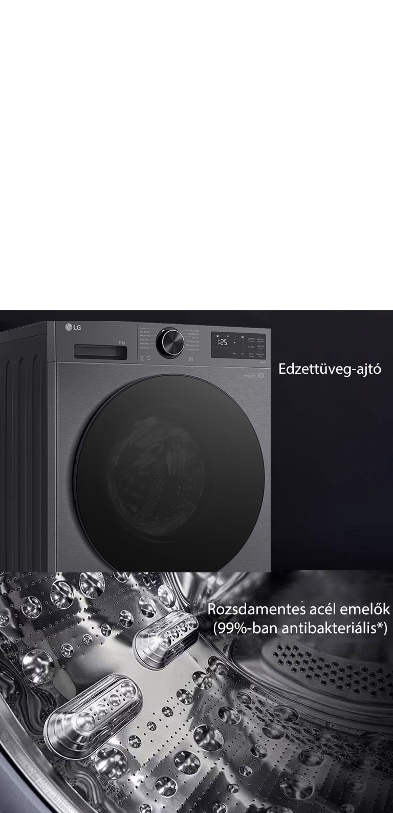 LG gőzmosógép edzettüveg-ajtóval és rozsdamentes acél emelőkkel