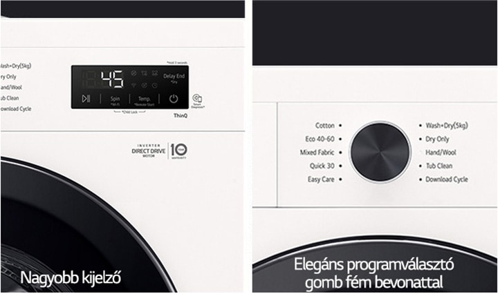 LG mosó‑szárítógép dizájn nagyobb kijelzővel és fémes vezérlőgombbal közelről.