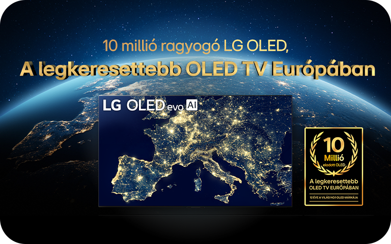 Celebratory image marking LG’s 10 million OLED TVs sold in Europe, with satellite view of Europe.