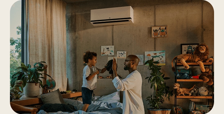 A father and son sharing a high-five in a bedroom with an LG DUALCOOL AI on the wall, next to a living room scene with an LG Air PuriCare beside the LG AI TV.