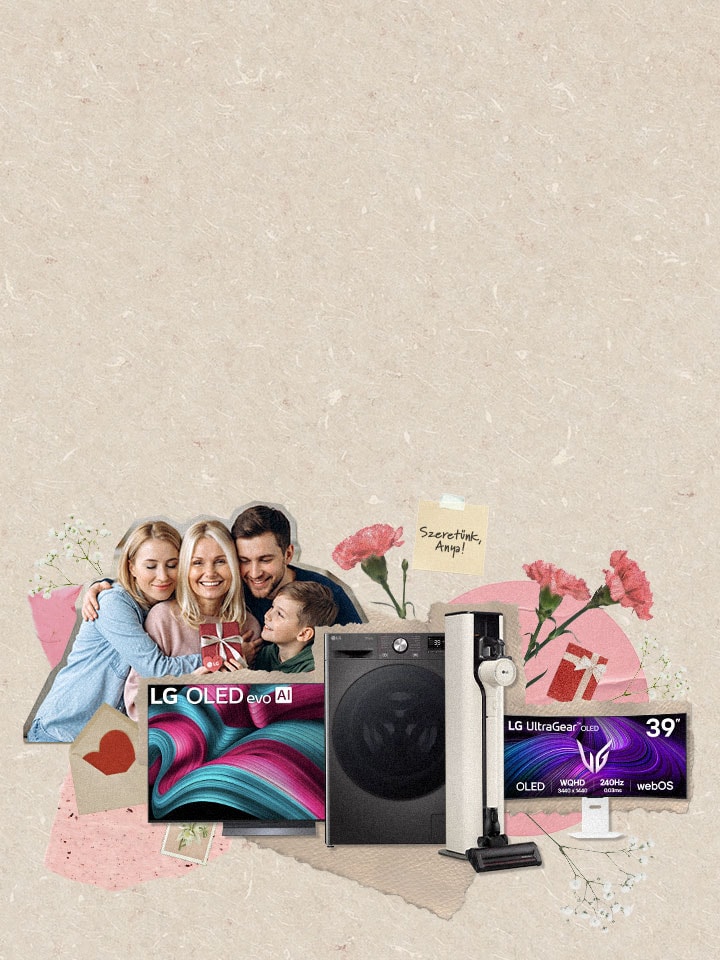 Egy család öleli egymást mosolyogva virágokkal a háttérben