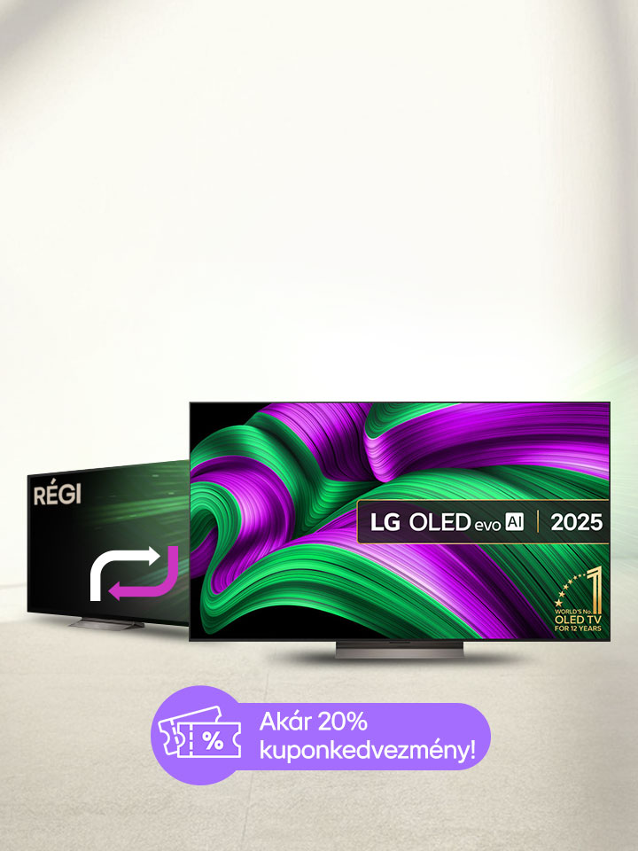 Egy LG TV látszik a képen.  Része a promóciónak. Nagy TV-ket lehet kapni 20% kedvezménnyel.