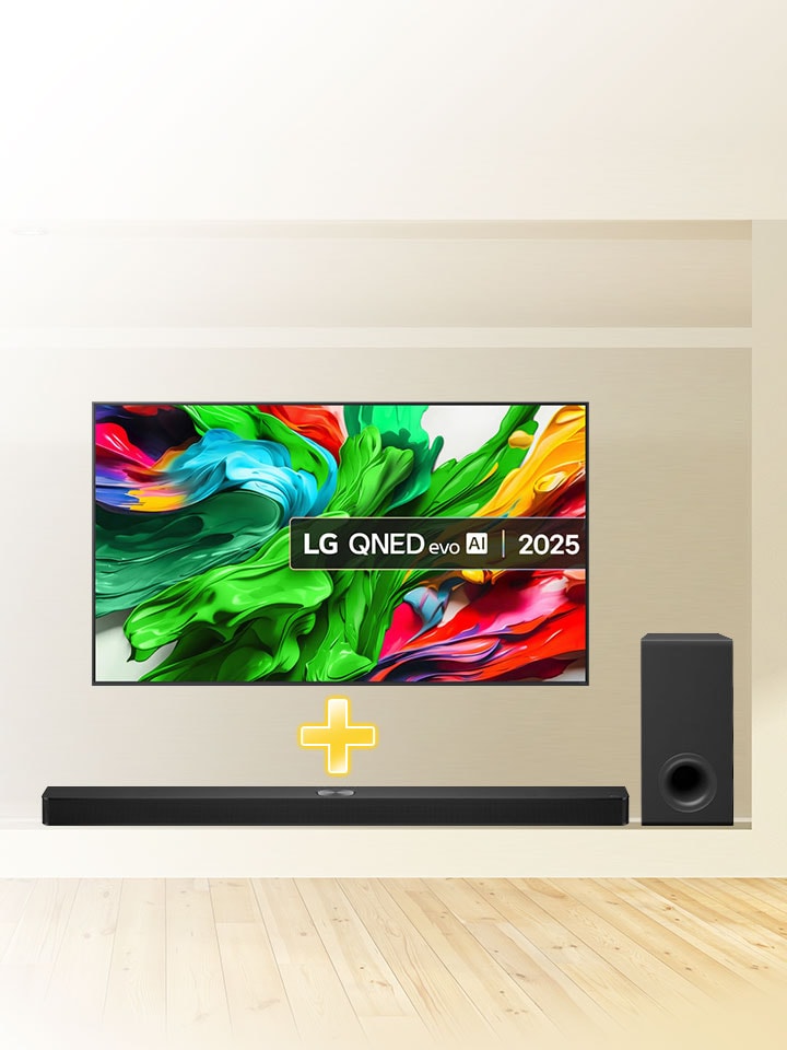 Egy LG OLED TV és egy LG hangprojektor más néven soundbar látható a képen egy falon. Mindez nagyon jó áron megvásárolható az LG Webáruházban