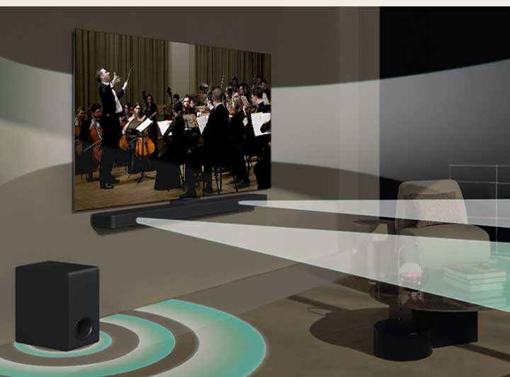 A falon lévő LG TV koncertjelenetet játszik le. A virtuális hanghatás az LG TV, az LG Soundbar S40TR és a mélysugárzó egyszerre szólal meg, megmutatva, hogyan jön létre a WOW Orchestra.