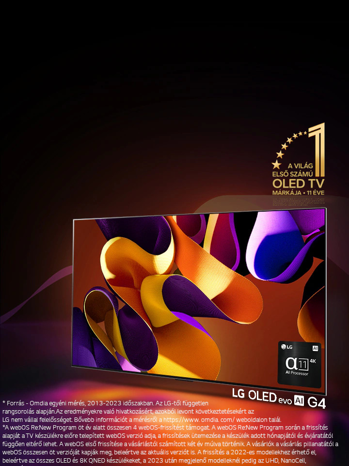LG OLED evo TV G4, a képernyőjén absztrakt, színes művészeti alkotással a fekete háttér előtt, a színek finom kavalkádjával. A képernyőről sugárzó fény színes árnyékokat vet. A tévéképernyő jobb alsó sarkában az alpha 11 AI 4K processzor látható. A képen a „World's number 1 OLED TV for 11 Years” (11 éve a világ első számú OLED TV-je) embléma és a „webOS Re:New Program” logó látható. A felelősség kizárására vonatkozó nyilatkozhat szövege: „A webOS Re:New program öt év alatt összesen négy frissítést támogat, az alapérték a webOS előre telepített verziója, a frissítési ütemezés pedig a hónap végétől az év elejéig változik.” „A frissítések és az egyes funkciók, alkalmazások és szolgáltatások ütemezése modellenként és régiónként eltérő lehet.” „A 2023-ban elérhető frissítések az UHD és a felette lévő modelleket foglalják magukban.” „Forrás: Omdia. Készülékszállítások, 2013-2023. Az eredmények nincsenek jóváhagyva az LG Electronics által. Bármely harmadik fél saját felelősségére hagyatkozik ezekre az eredményekre. További részletekért látogasson el a https://www.omdia.com/ webhelyre.