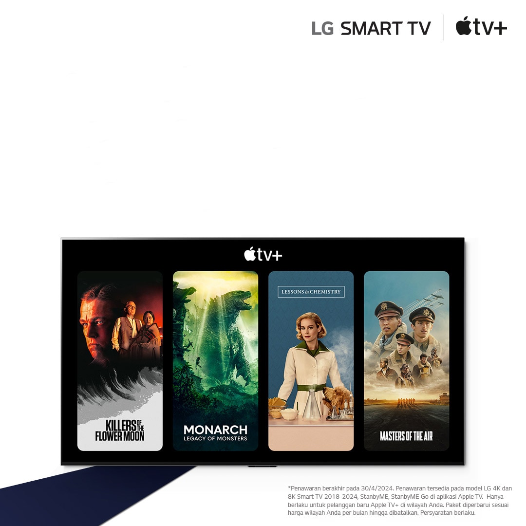 Gambar LG OLED TV. Konten Apple TV+ ditampilkan di layar dan judulnya adalah 'Dapatkan Apple TV+ gratis selama tiga bulan dengan LG Smart TV.'​