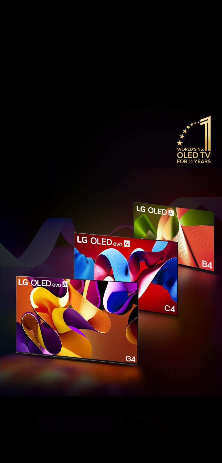 PC: LG OLED evo G4, LG OLED evo C4, dan LG OLED B4 berdampingan, masing-masing menampilkan karya seni abstrak dengan warna berbeda di layar. Cahaya memancar dari setiap TV ke tanah di bawahnya. Lambang emas OLED TV nomor 1 Dunia selama 11 Tahun di pojok kanan atas. Di sisi lain, gambar yang sama dari LG OLED evo G4, LG OLED evo C4, dan LG OLED B4 ditampilkan berturut-turut di perangkat seluler. 