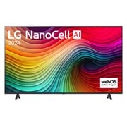 Tampak depan LG NanoCell TV, NANO81 dengan teks LG NanoCell, 2024, dan logo webOS Re:New Program di layar