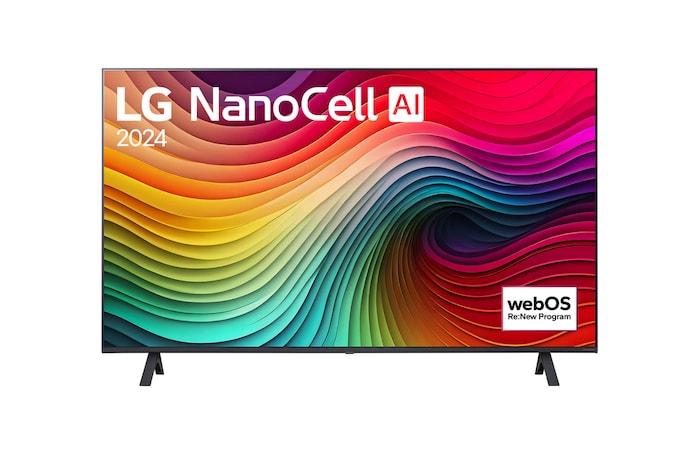 Tampak depan LG NanoCell TV, NANO81 dengan teks LG NanoCell, 2024, dan logo webOS Re:New Program di layar