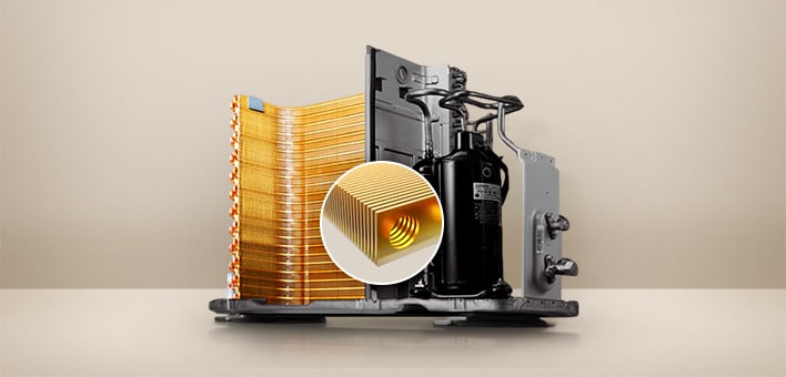 Gambar yang menunjukkan AC LG memiliki daya tahan lebih baik dengan mencegah korosi melalui gold fins.