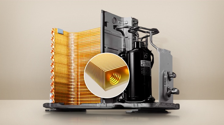 Gambar yang menunjukkan AC LG memiliki daya tahan lebih baik dengan mencegah korosi melalui gold fins.