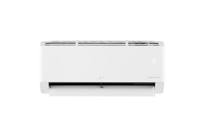 Front view of LG DUALCOOL Inverter air conditioner with open lower vane